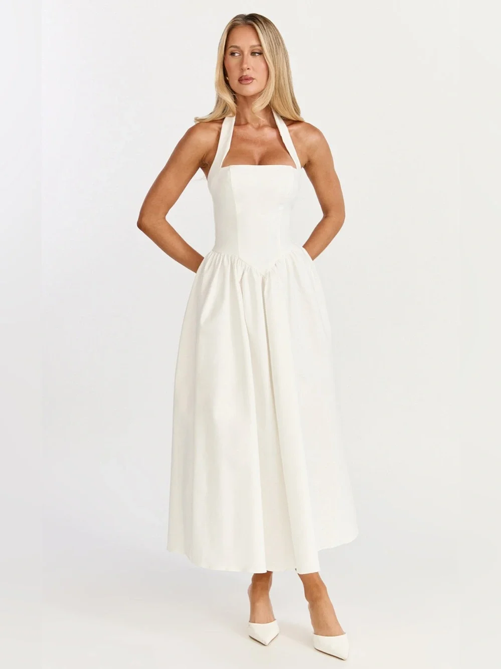 NWT Showpo. HELDA MIDI DRESS Halter Tie Neck Corset Panel In Off White